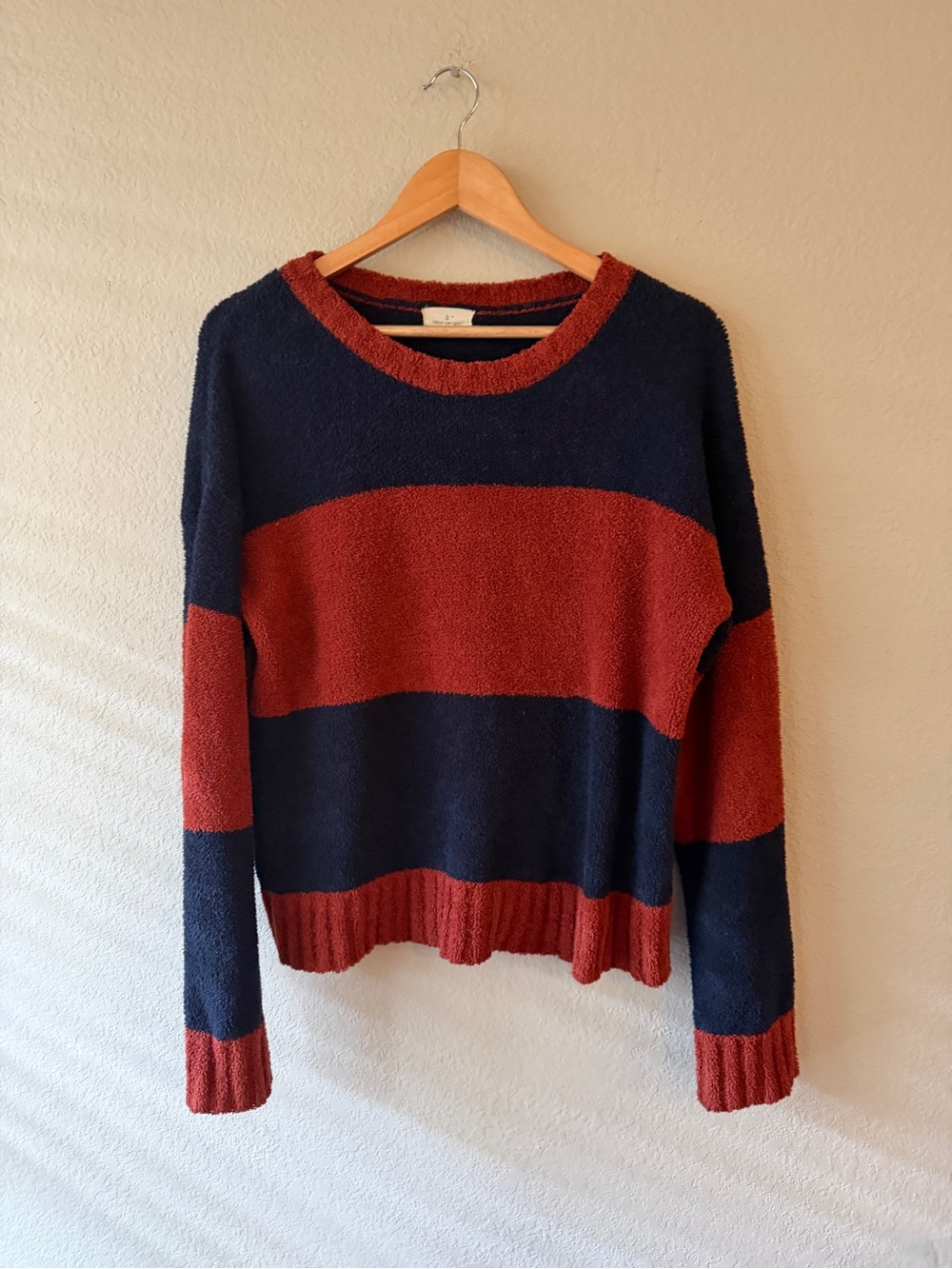 Thread & Supply Cozy Sherpa Striped Crewneck Sweater Navy & Rust Small